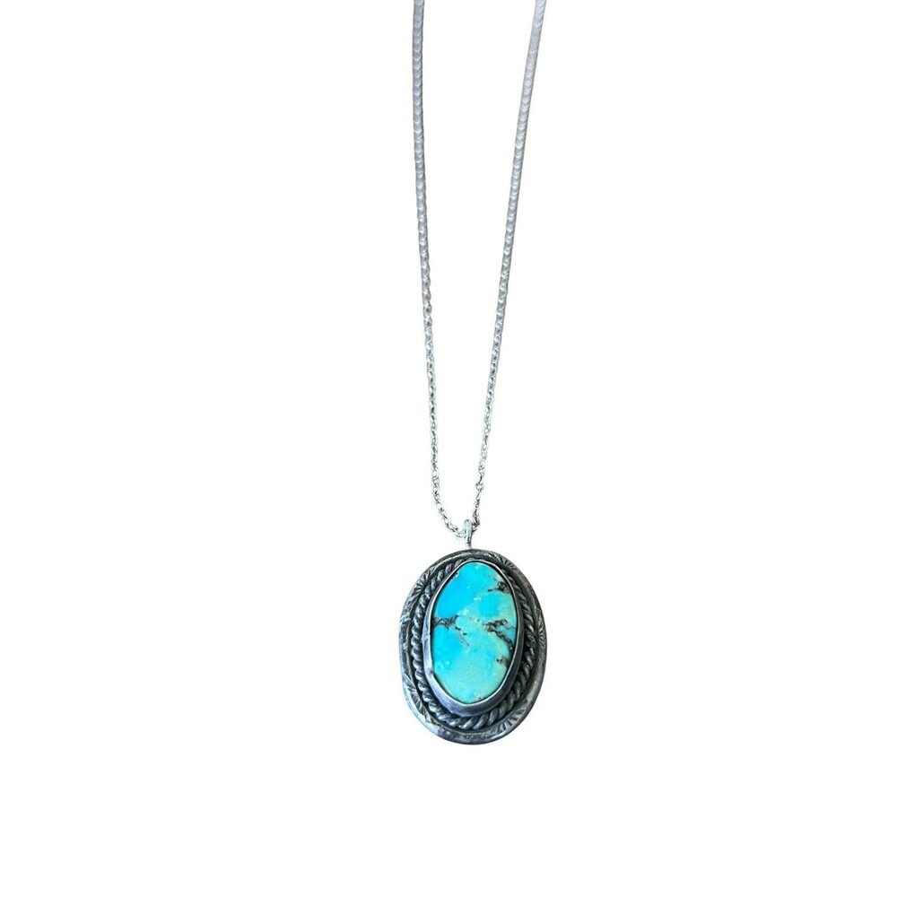 Vintage Sterling Silver Turquoise Pendant Necklace Southwestern Rope Border 6.4g